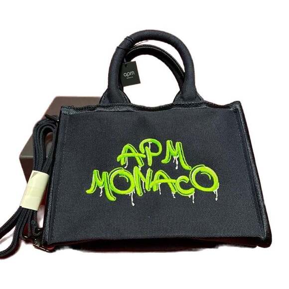 APM Monaco Handbags - APM Monaco Neon Green Graffiti Logo Canvas Mini Tote Bag